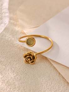 1Pc 3D Rose Inlaid Stone Rings, 18K Gold Plated Stainless Steel Adjustable Open Ring, Vintage Flower For Women Jewelry Daily Dating Gift - Yellow Gold - View 3