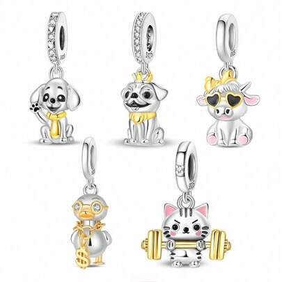 1pc Silver-Plated Cute Pet Animal Pendant Bead, Dual-Color Pug, Fashion Glasses Calf, Rich Duck, Weightlifting Cat Cartoon Design, Color-Blocked Gold-Plated Rhinestone Inlay Craft, Suitable For Bracelets And Necklaces, Handmade DIY Jewelry, Cute Healing Style Gift Accessory