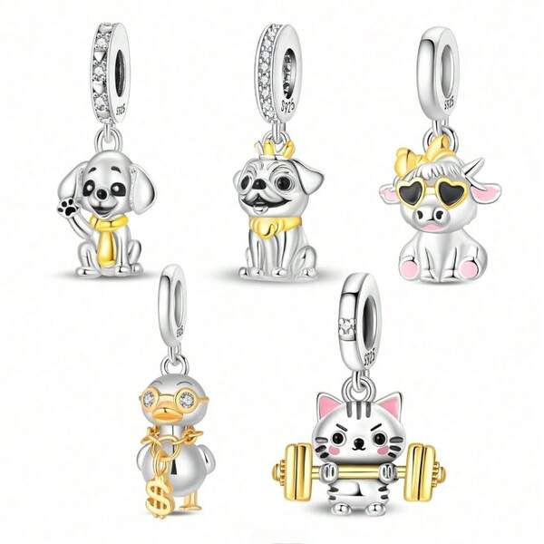1pc Silver-Plated Cute Pet Animal Pendant Bead, Dual-Color Pug, Fashion Glasses Calf, Rich Duck, Weightlifting Cat Cartoon Design, Color-Blocked Gold-Plated Rhinestone Inlay Craft, Suitable For Bracelets And Necklaces, Handmade DIY Jewelry, Cute Healing Style Gift Accessory