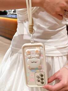 Creative Happy Star Pig Pattern With Cute Bear Foldable Mirror Stand And Short Lanyard Stepped Frame Dopamine Phone Case, Full Coverage Anti-Drop Protective Cover, Minimalist Design, Soft Adorable Cartoon Style, Perfect Protection For Your Phone, Suitable For Honor X7/Galaxy A56 5G/ Smart 8/ Hot 40/Transsion Spark 30C/Spark Go 2024/ Note 14 5G/ E22/E22i/ A54 - White - View 2