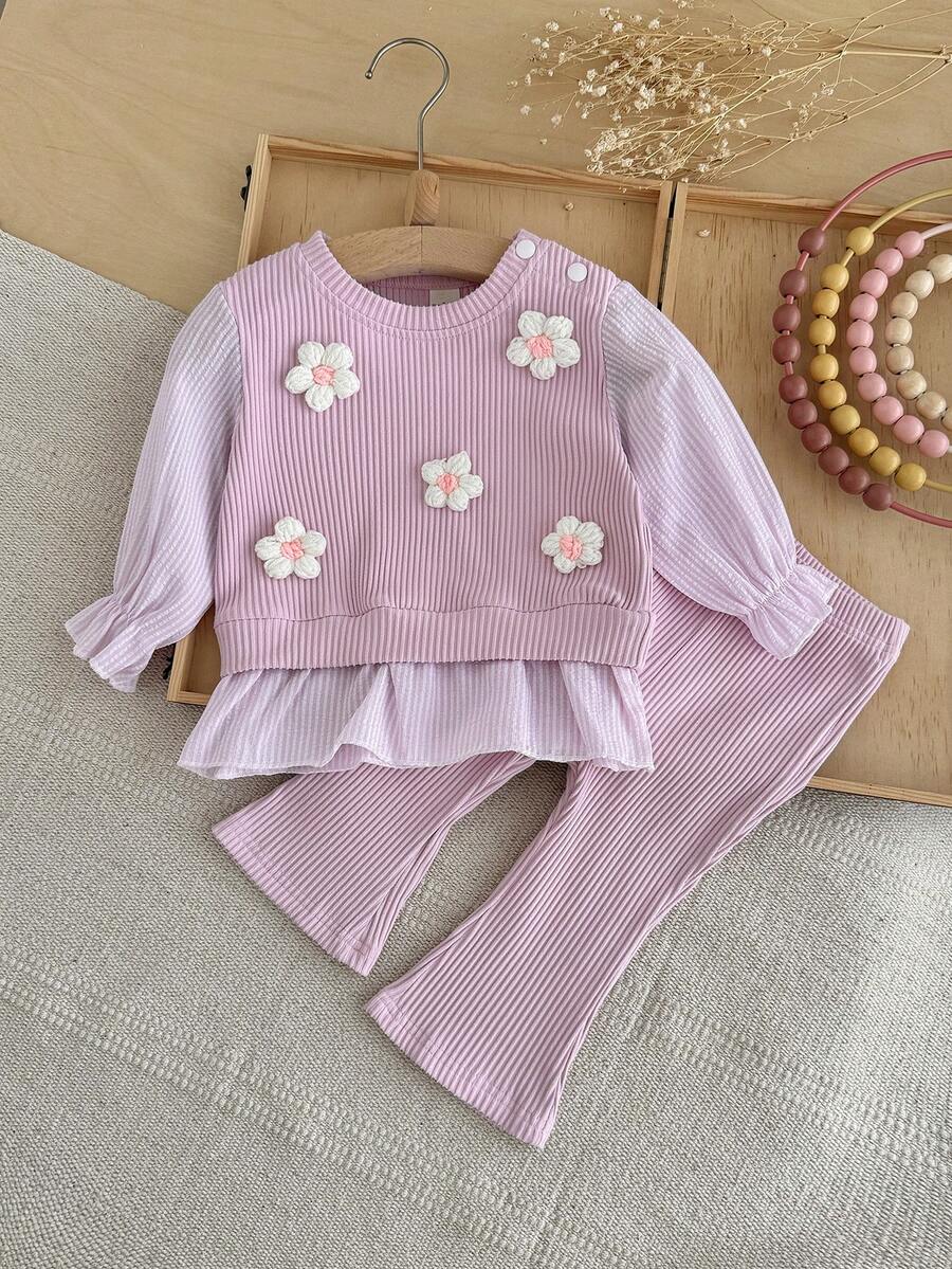 Baby Girls 2pcs Casual Set With 3D Floral Ribbed Flare Pants