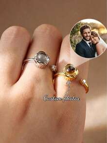 Women's Customized Photo Projection Ring, Personalized Minimalist Style, Open Couple Ring, Customizable Any Photo Proposal Wedding Ring, Wedding Jewelry, Graduation Season, Mother's Day, Music Festival Unique Gift, Anniversary Gift - Gold - View 2