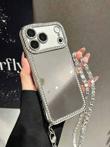 A Leather Chain Lanyard Rhinestone Electroplated Laser Engraved Mirror TPU Phone Case Compatible With IPhone17/16/11 Pro/11 Pro Max/12/Phone 12 Pro/11 Pro Max/ 12/ 12 Pro/12 Pro Max/ 13/ 13 Pro/13 Pro Max/ 14/ 14 Pro/ 16 Plus/14 Pro Max/ 15/ 15 Pro/ 15 Plus/16 Pro Max/Protective Case - Silver - View 2