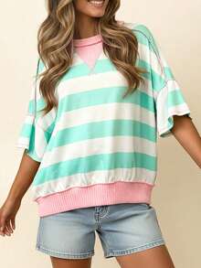 Acelitt Loose Green Striped Top With Pink Ribbed Trim, Casual Dropped Shoulder Short Sleeve Summer - Multicolor - View 3