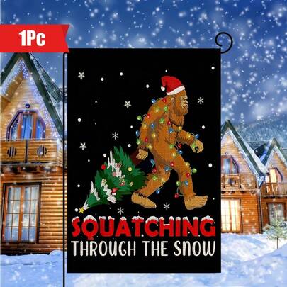 1pc Funny Bigfoot Christmas Tree Garden Banner 12X18 Inch, Winter Farmhouse Rustic Yard Porch Holiday Decoration (Flag Only) (No Flag Pole), Single-Sided Print