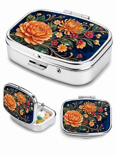 1pc Portable Floral Printed Pill Case, Mini 2 Grid Divided Medicine Tablet Storage Box, Vintage Flower Pattern Metal Pill Container For Pocket Purse Travel Daily Vitamin Organizer Gift For Women