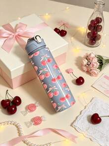 1pc/5pcs 750ml Double Cherry Pink Bow Print Sports Water Bottle, Flip Lid Design, Reusable Lightweight Leak-Proof Portable Travel Drinking Cup, Suitable For Outdoor Sports And Daily Use - Multi-colored Cherry Bow - View 2