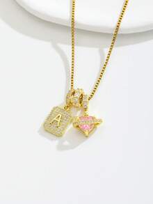 1pc Gold Tone Initial A Pink Heart Planet Pendant Necklace For Girls Sparkly Rhinestone Holiday Party Vacation Daily Wear Celebration Jewelry Gift - Gold - View 4