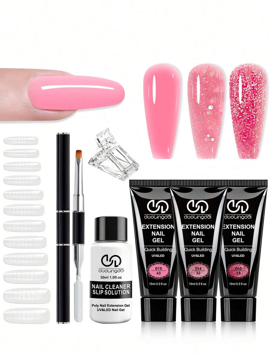 7PCS/Set 15ml Poly Extension Gel Set Nail Art Polygels Kit Clear White Pink Color Nail UV Gel Tip Form Acrylic Nail Gel Slice Brush Kit With 20pcs Nail Extension Molds Nails - Multicolor - View 1