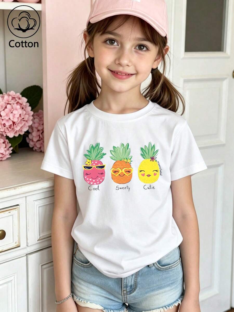 Camiseta de manga corta de algodón para niñas, con un estampado de tres piñas sonrientes, en un estilo lindo y dulce, para verano/otoño - Blanco - Ver 1