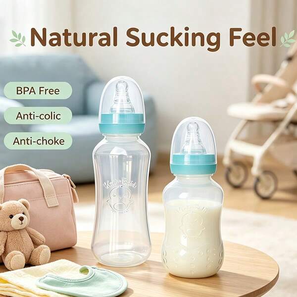 2 Botol Susu Bayi Bahan PP, Tahan Panas Hingga 120℃, Anti Jatuh, Dot Silikon Lembut Anti Kolik, Tahan Gigitan, Portabel, 200ml/300ml Cocok Untuk Bayi Usia 6 Bulan Ke Atas