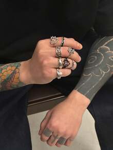 9pcs Gothic Star & Thorn Stackable Open Ring Set, Vintage Dark Street Style Unisex Fashion Accessories - Antique Silver - View 2