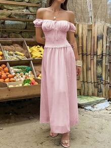 Women's Elegant Pink Off-Shoulder Short Sleeve Fitted Dress With Slit Design, Perfect For Formal Occasions Or Bridesmaid Dress - Pink - View 10