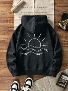 Comfy Washed Graphic Hoodie For Women, Oversized Pullover Sweatshirt With Drawstring, Long Sleeve Warm Lined Top For Casual Streetwear Black - Black - View 4