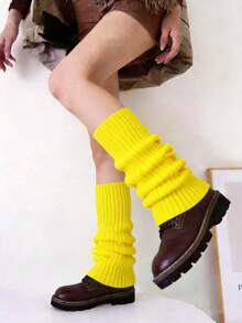 Jambières tricotées à rayures verticales de couleur unie pour femmes, design multicouche plié avec revers ample, jambières d'hiver souples et élastiques, style ballet gothique pour le port quotidien - Multicolore - Voir 3