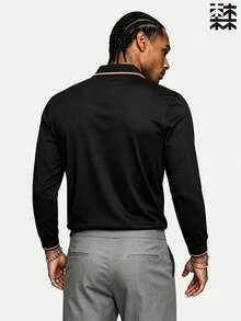 Mulinsen Men's Contrast Color Webbing Collar Long Sleeve Polo Shirt, Black Smooth Skin-Friendly Fabric, Red And White Double Line Trim On Collar And Cuffs, Minimalist Commuter Style, Versatile Long Sleeve Top - Black - View 4