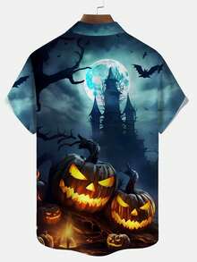 Halloween Pumpkin Castle & Bat Print Men's Plus Size Button-Up Short Sleeve Holiday Shirt - Cadet Blue - View 3