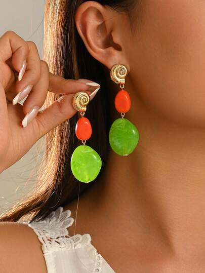 1 Pair Elegant Fashion Bohemian Gold Stud Earrings With Marble Water Ripple Ink Pattern Faux Turquoise Pendant, Multiple Dopamine Colorful Pattern Plastic Block Pendant Earrings, Women's Sophisticated Sexy Earrings Suitable For Vacation, Party And Daily Wear, Minimalist Versatile Designed For Charming Women, Bead Color And Pattern Random