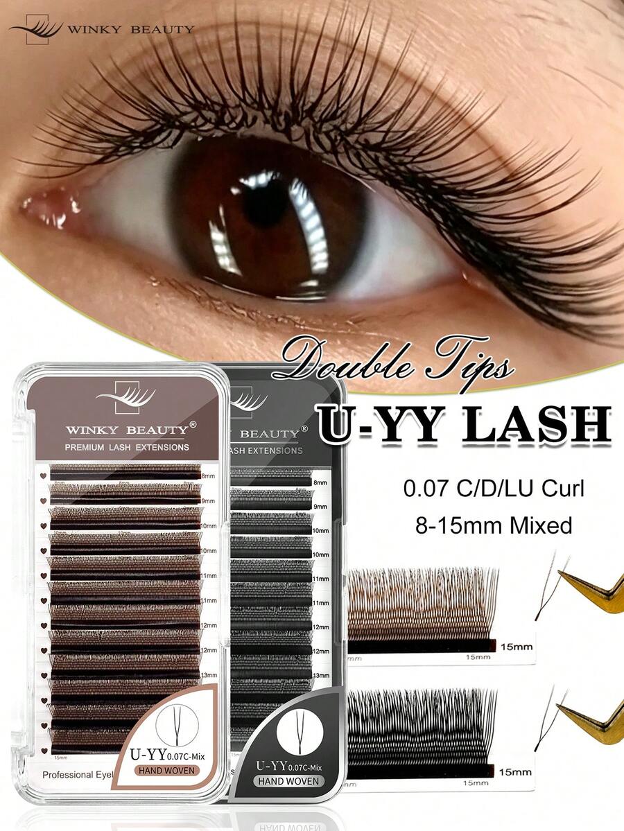 Winky Beauty U-Shaped YY Eyelashes 0.07mm Flat Base Handmade Single-Strand False Eyelashes, Voluminous Fluffy Anime Style, 8-15mm Mixed Length Lash Extensions, 12 Rows