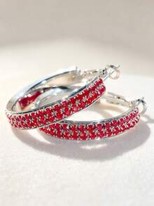 1 Pair Fashionable Exquisite C-Shaped Double-Row Rhinestone Studded Hoop Earrings, Shiny Bling Bling, Pink, Red, Blue, Black, Peach, Violet, Colorful - Party, Gift, Holiday, Daily Wear - Red - View 2