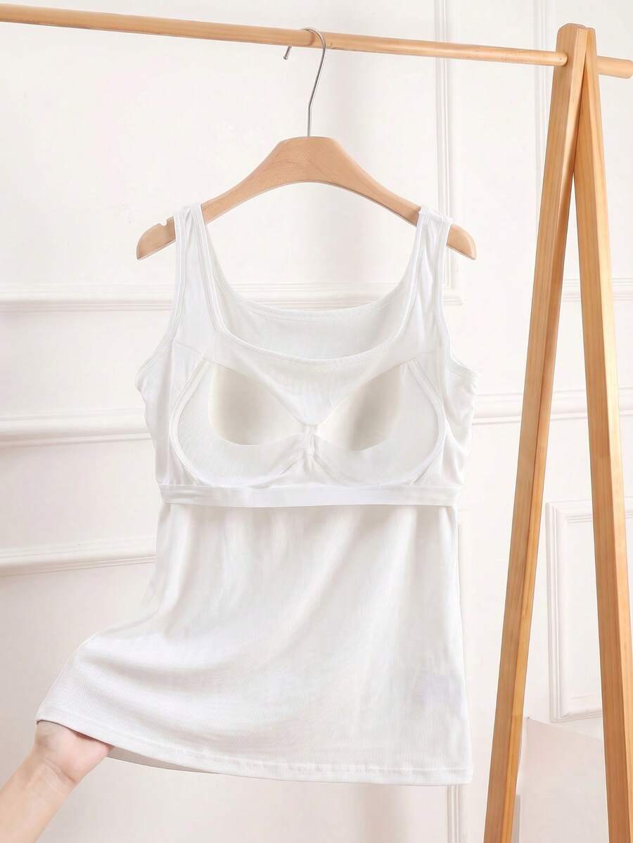 1pc Women's Plus Size Solid Color Ribbed Tank Top With Built-In Bra, Casual Slim Fit Sleeveless Innerwear Top, Suitable For Daily Wear - White - View 1