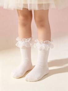 Toddler & Baby Girls Cute White Organza Mesh Ruffle Mid-Calf Socks, Ruffle Socks,Socks For Girls,White Socks,Girls Socks. - Multicolor - View 2