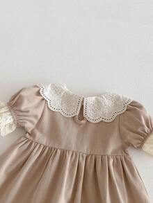 Miniweenns 1pc Baby Girl Academy Style Hollow Peter Pan Collar Puff Short Sleeve Loose Fit Dress - Khaki - View 4