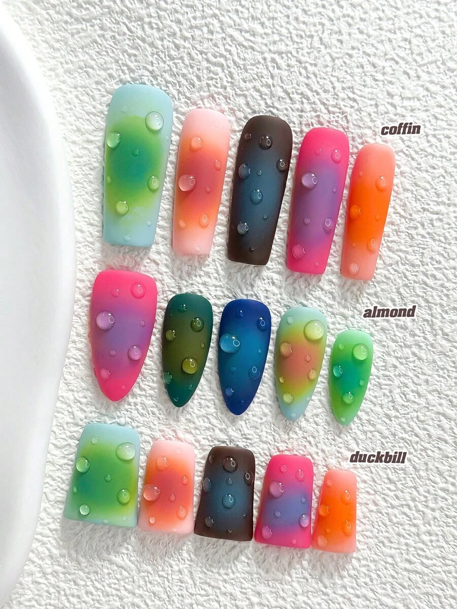 10件多巴胺風手工穿戴式美甲,Polygel美甲套組,水滴元素設計,綠色、粉色、藍色指甲油,活潑風格,附美甲工具,3種尺寸可選,杏仁形、鴨嘴形、棺材形,適合派對、跳舞、日常穿戴 - 彩色 - 查看 1