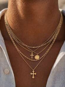 5pcs Fashion Minimalist Cross Pendant Necklace, Paperclip Metal Chain Necklace Set, Casual Style Accessory, Ideal Gift For Men - 5 Pcs - View 2