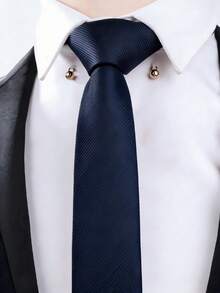 1PC Men's Fashion Solid Dark Green Diagonal Stripe Textured Versatile Necktie - Navy Blue - View 3