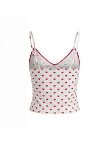 Women Polyester Polka Dot Spaghetti Strap Tank Tops Y2K Fairycore Lace Trim Corset Camisole V Neck Slim Cami Tops Cute Crop Tops Summer Going Out Top - 紅色愛心 - 查看 5
