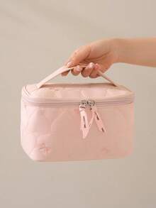 Large-Capacity Cosmetic Bag,Multi-Compartment,Lightweight Quilted Makeup Bag Organized For Toiletries,Cosmetics,Makeup Brushes,Skincare,Medication,Etc,Bow Embroidery Sweet Style Multifunctional Storage Bag For Gift,For Home,Travel,Vacation,School Use - Multicolor - View 7