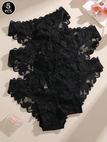 5pcs Set Solid Color Floral Lace Print Scalloped Design Comfortable Sexy Women's Triangle Panty Set, Suitable For Daily And Special Occasions - Multicolor - View 5