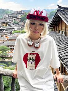 American Letter Graphic Oversized Y2K Casual Tee For Ladies "Apple Cat" Print Daily Short Sleeve Summer Top Fast Local Delivery - 白色 - 查看 3