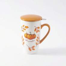 1pc 490ml/16.5oz Cottagecore Autumu Ceramic Tea Cup With Infuser And Lid, Hello Pumpkin Large Capacity Porcelain Coffee Cup Infuser Mug For Loose Leaf Tea Coffee Cocoa, Fall Home Kitchen Decor Drinkware, Gift For Halloween Thanksgiving Harvest - Multicolor - View 12