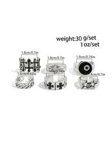Set de 6 anillos de metal estilo punk de moda con diseño geométrico, anillos de estrella y cruz para uso diario casual de hombres - Plata antigua - Ver 5