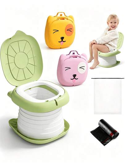 Inodoro de viaje para coche, inodoro portátil plegable de emergencia, asiento de entrenamiento para ir al baño para niños pequeños unisex (incluye bolsas de basura de color aleatorio)