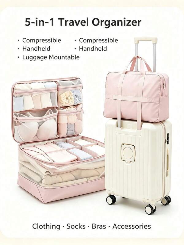 5-In-1 Handheld Compression Luggage Organizer Bag, Hanging Travel Storage Cubes, 4-Compartment Clothing & Underwear Organizer, Washable Suitcase Accessory