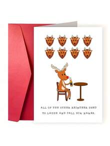 1pc Funny Reindeer Christmas Greeting Card, Humorous Rudolph Holiday Card, Novelty Merry Christmas Card For Friends & Coworkers - Multicolor - View 2