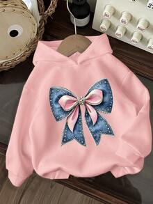 American Sweetheart Bow Print Hoodie + Heart All-Over Print Casual Pants 2-Piece Set, Suitable For Spring, Autumn, Winter, Girls' Daily Versatile Style - Pink - View 3
