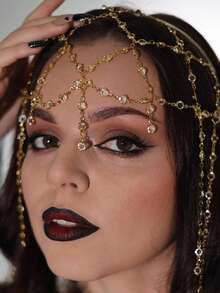 STONEFANS 1pc New Vintage Tassel Headband Niche Design Mesh Rhinestone Forehead Chain Hair Accessory Bohemian Style - Gold - View 1