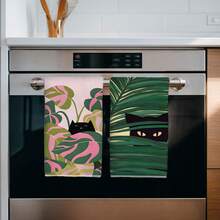 2PCS Kitchen Towels With Tropical Plants And Black Cat Pattern Print, 40*60cm Simple Style Rectangular Microfiber Kitchen Towels, Dish Cloths, Tablecloths, Hand Towels, Kitchen Decor, Housewarming Gifts For Neighbors, Perfect For Kitchen And Bathroom Use, Suitable For Housewives And Family Gatherings, High Cost-Performance, Home Essential - Multicolor - View 5