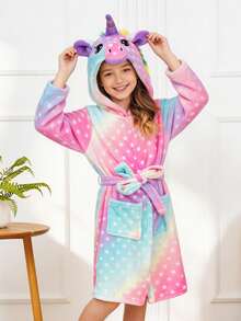 青少年女孩彩色星空波點獨角獸連帽睡袍家居服 - 彩色 - 查看 9