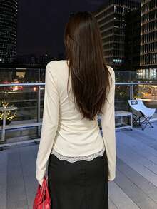 Draped Neck Pleated Long Sleeve Layered Lace Patchwork T-Shirt - Apricot - View 11