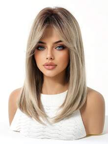 Topshe Ava WIGS 18英吋黑棕色長層次假髮附瀏海，柔軟易造型合成纖維髮，適合女性日常穿著、工作、度假，亦可作為萬聖節與聖誕節女性禮物 - 金色 - 查看 4