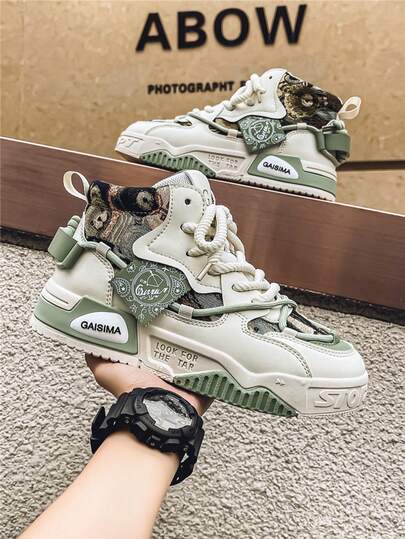 GAISIMA Men's New Versatile Niche Original High-Top Casual Sneakers, Thick Sole Non-Slip Sports Shoes With Fashion Graffiti Pattern, Random Casual Skate Shoes
