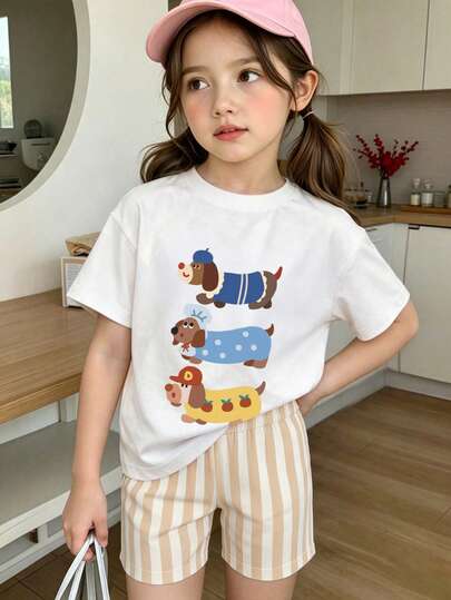 Girls' Printed T-Shirt Featuring Stacked Cartoon Dachshund Dogs Wearing Striped, Polka Dot And Apple-Decorated Sweaters