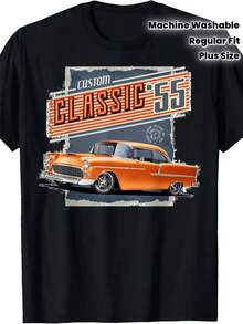 Classic 55 Text And Retro Orange Car Design - Black Background - Breathable T-Shirt - Regular Fit - Retro Car Shirt For Men And Women - Casual For - 黑色 - 查看 2