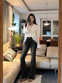 YEAE | 女款黑色喇叭牛仔褲，休閒長款無彈力丹寧褲，附鈕扣口袋與拉鍊細節，適合春秋 - 黑色 - 查看 6