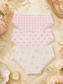 Aesletic 3pcs/Pack Minimalist Sexy Style Pink Plaid Bow Ditsy Floral Lace Women's Triangle Panties Soft Love & Peachy Mid-Waist - Multicolor - View 5